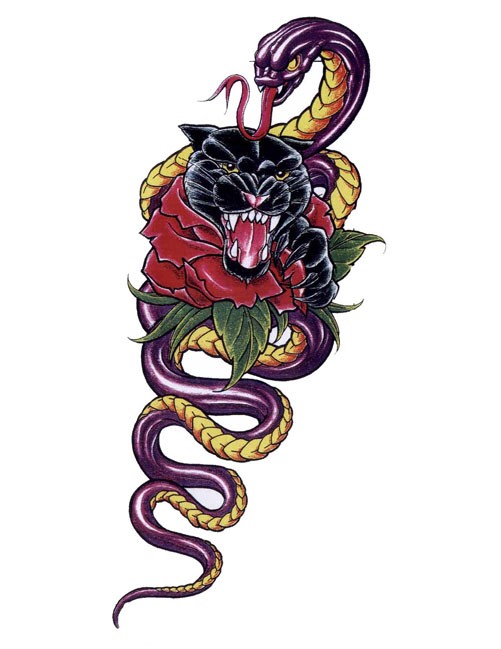Panther head in rose bud curled with purple snake tattoo design