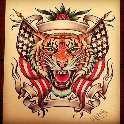 Patriotic colorful old school tiger and american flags tattoo design