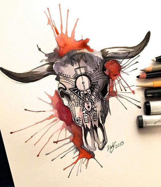 Patterned bull skull on red watercolor splashes tattoo design