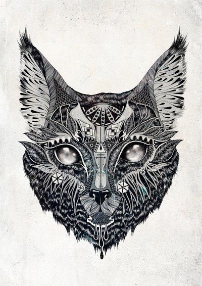 Patterned cat head with black falling saliva tattoo design
