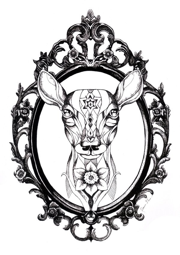 Patterned deer portrait in iron frame tattoo design by The Franology