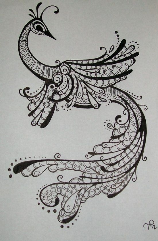 Patterned flying peacock tattoo design