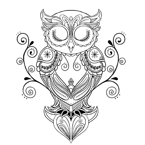 Patterned sleeping owl on heart tribune tattoo design