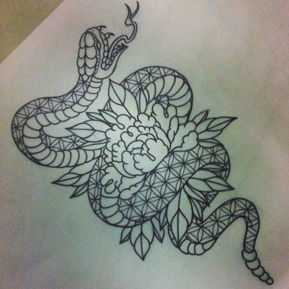 Patterned snake twining its peony flower tattoo design