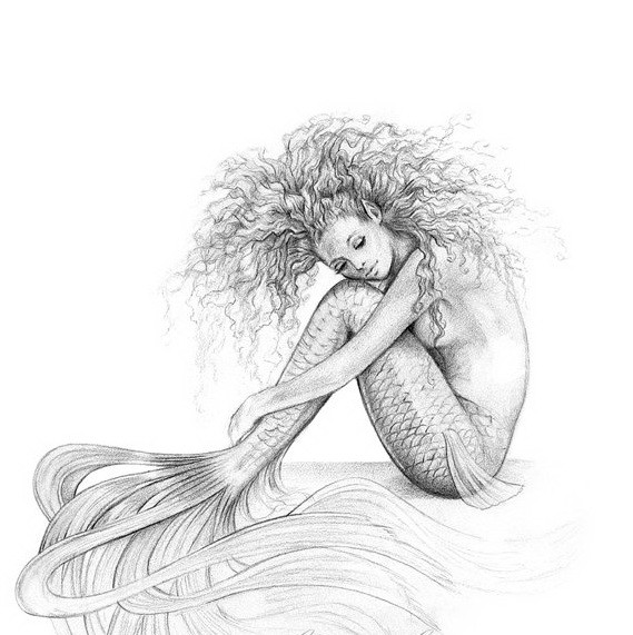 Pencil-drawing dreaming mermaid tattoo design