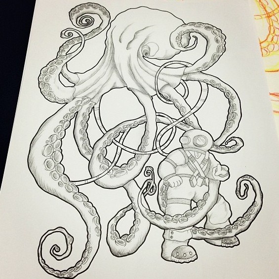 Pencil-drawn octopus and a diver tattoo design