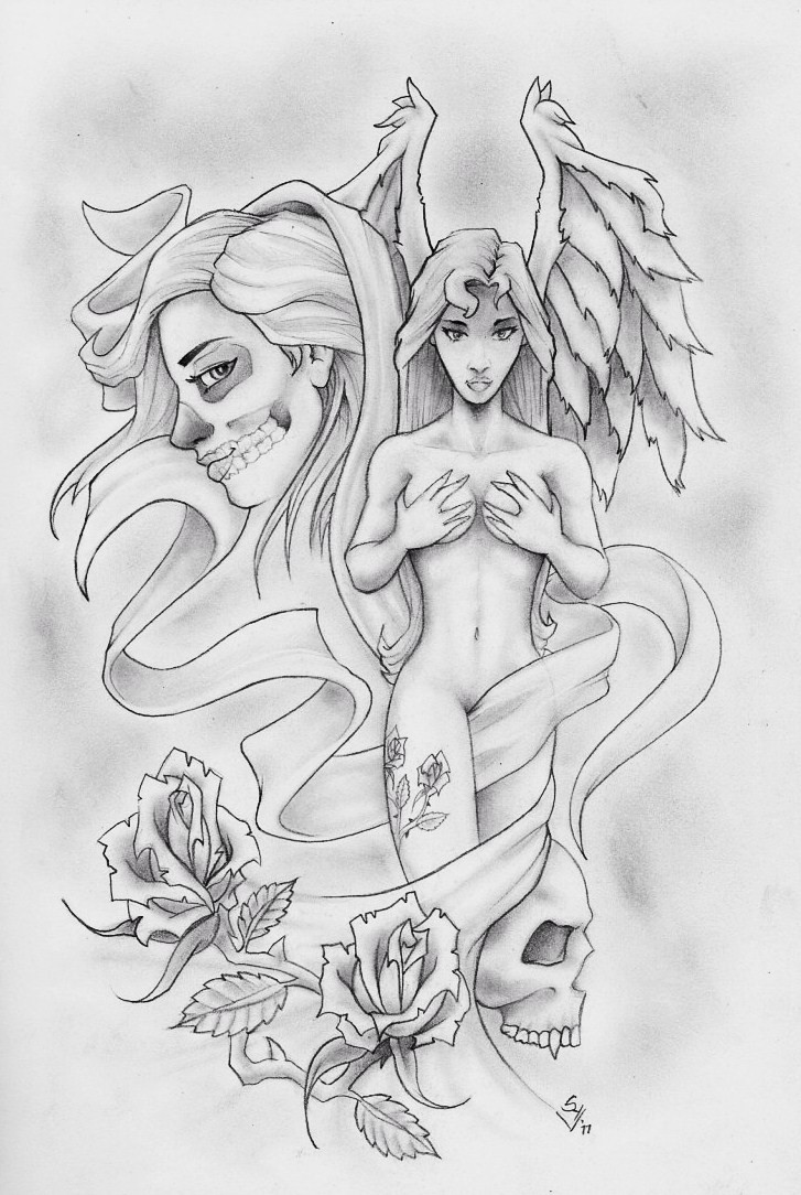 Pencilwork angels with rose buds and a skull tattoo design by Ham Doggz