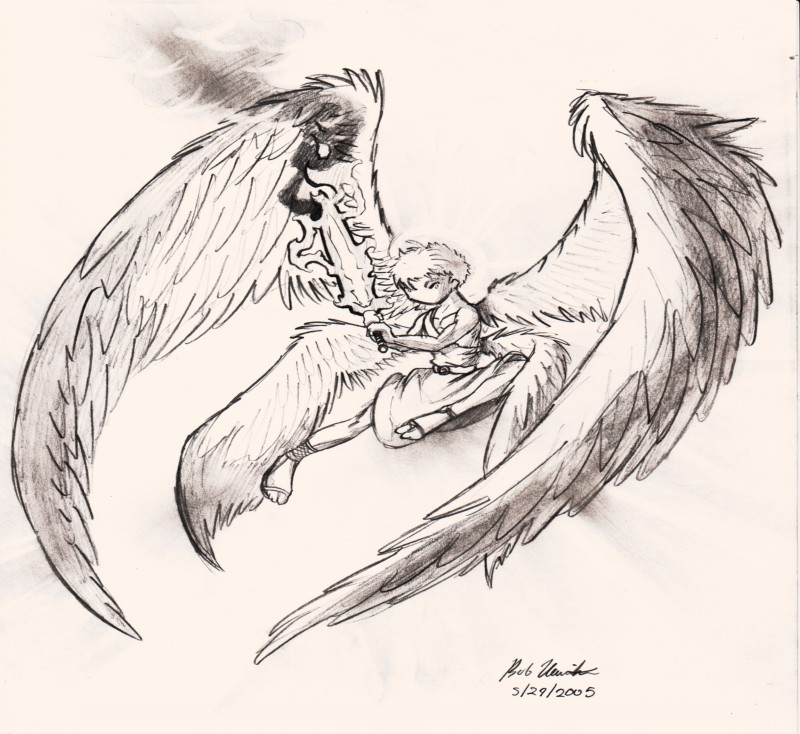 Criança de anjo animado de lápis com uma tatuagem de espada de Krejall Ontaris