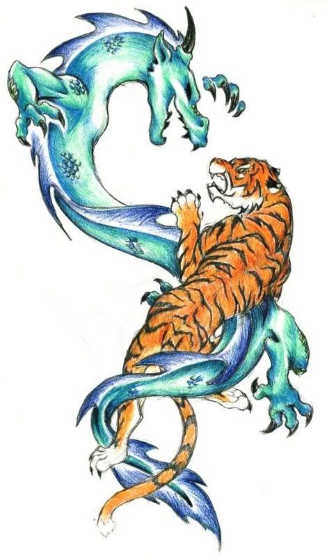 Pencilwork blue dragon and orange tiger tattoo design