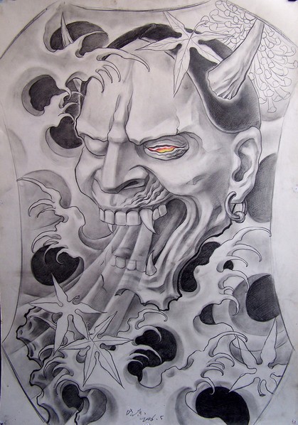 Pencilwork fire-eyed devil breathing with smoke tattoo design