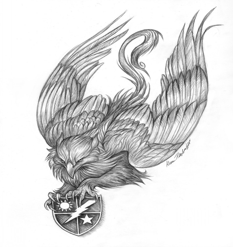 Lápis voando grifo mantendo um desenho de tatuagem de armas