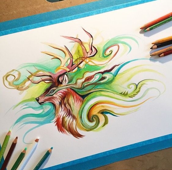 Pencilwork horned animal with green swirly background tattoo design