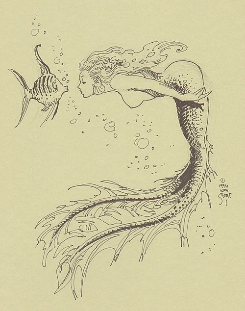 Pencilwork mermaid kissing with a confused fish tattoo design