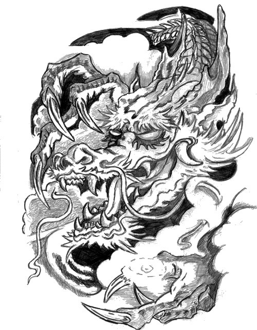 Pencilwork oriental dragon in clouds tattoo design