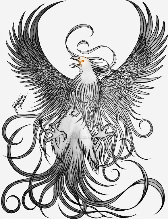 Pencilwork shining-eyed phoenix with open wings tattoo design