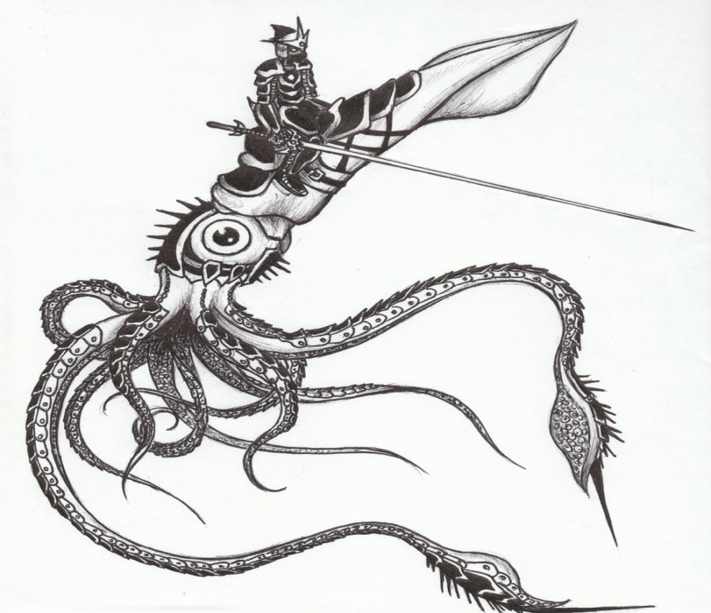 Pencilwork warrior on battle squid water animal tattoo design by Azrael Karasu