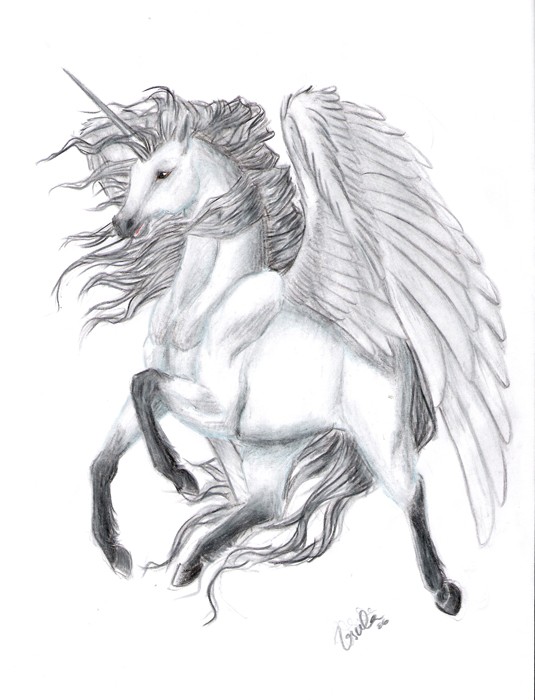 Pencilwork winged unicorn tattoo design by Peirce