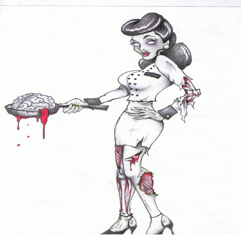 Pin up zombie chef girl with a brain on a pan tattoo design by Chef Chris
