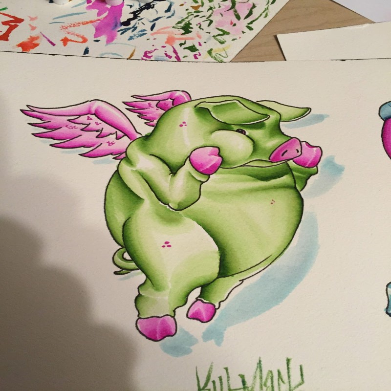 Pink-and-green flying watercolor pig boxer tattoo design