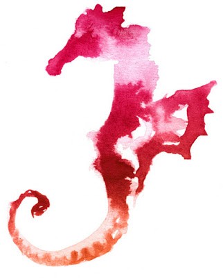 Pink-and-orange watercolor seahorse silhouette tattoo design