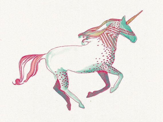 Pink-and-turquoise patterned running unicorn tattoo design