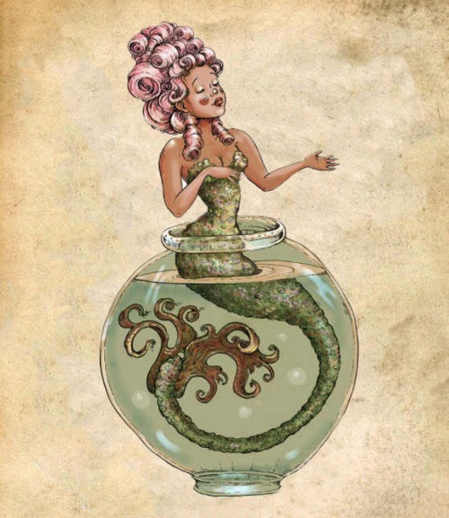 Pink-hair mermaid singing in the aquarium tattoo design