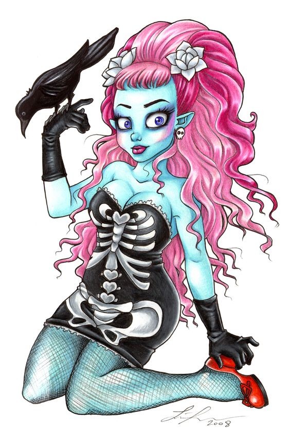 Pink-haired zombie girl in skeleton-printed dress keeping a raven tattoo design