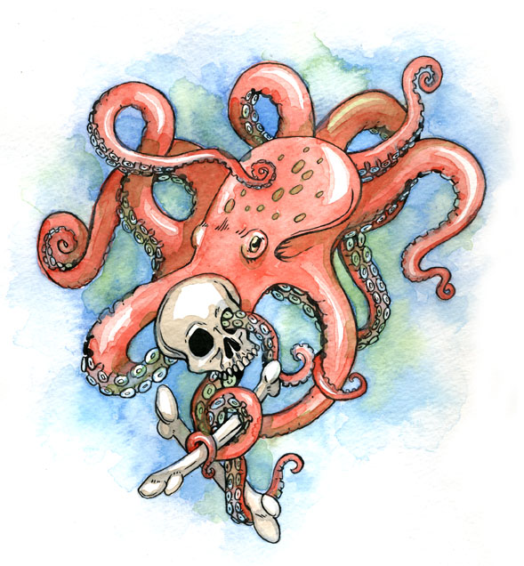 Pink cartoon octopus with skull and crossed bones tattoo design