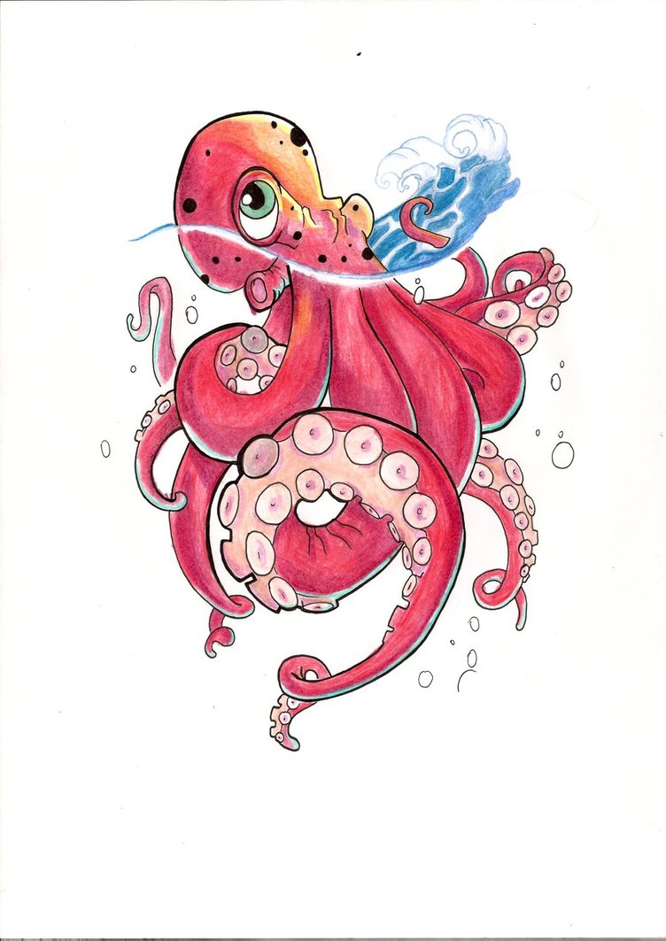 Pink green-eyed swimming octopus tattoo design by Willx03