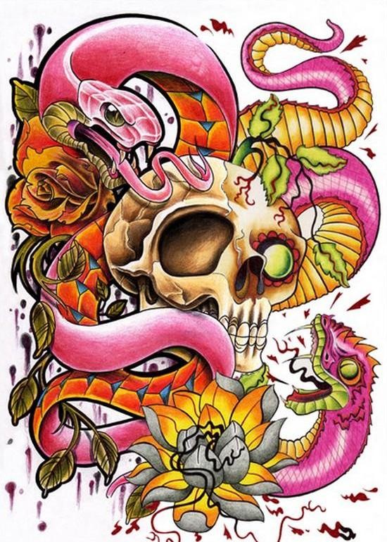 Pink snakes with big skull and flowers tattoo design