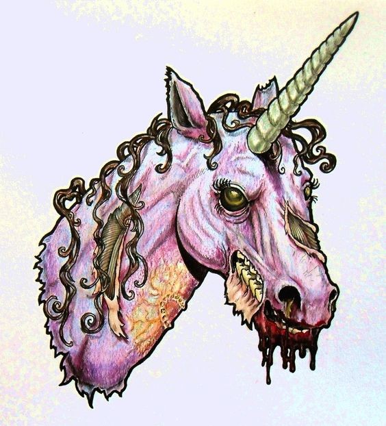 Pink zombie unicorn head with thin curly mane tattoo design