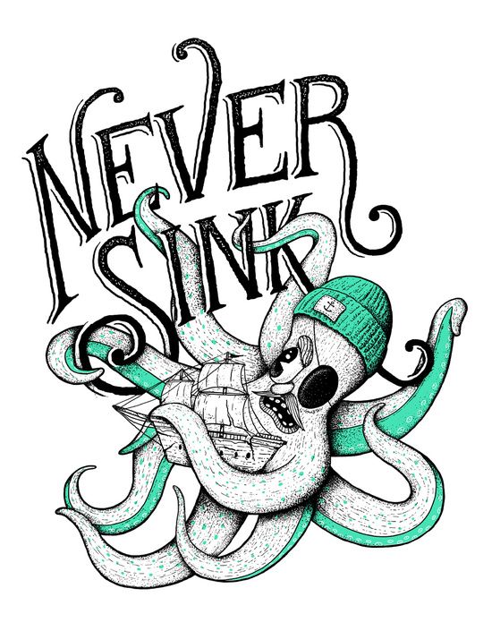 Pirate octopus playint with ship toy and lettering tattoo design