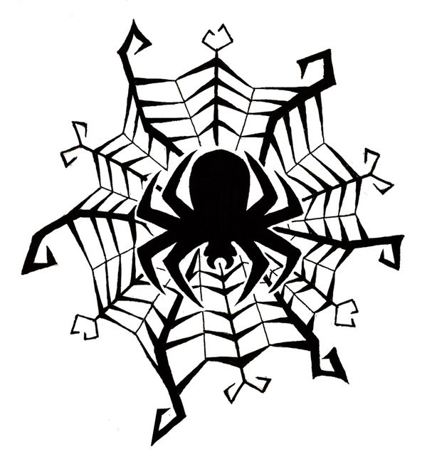 Plain black spider sitting on curled helloween web tattoo design by Burnt Graphics07