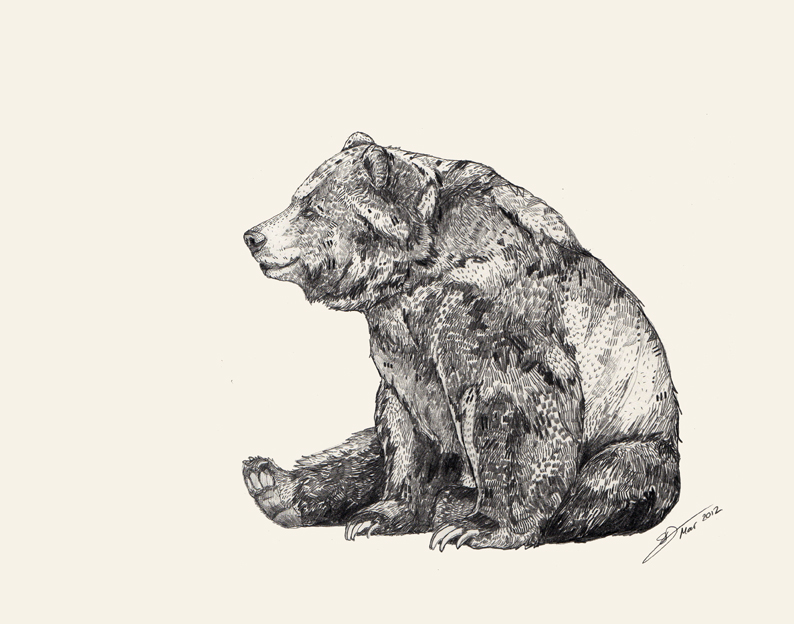 Pleased black-and-white sitting bear tattoo design