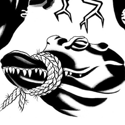 Pleased black-ink reptile jaws winded with rope tattoo design