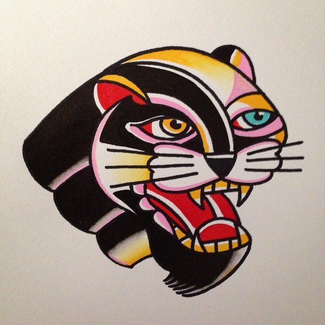 Pleased blue-and-yellow eyed panther head tattoo design