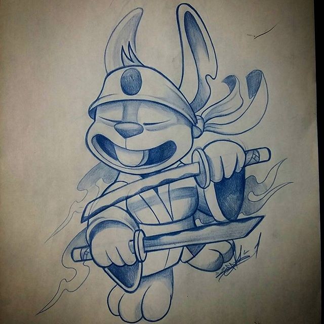 Pleased cartoon blue-ink karate hare with swords tattoo design