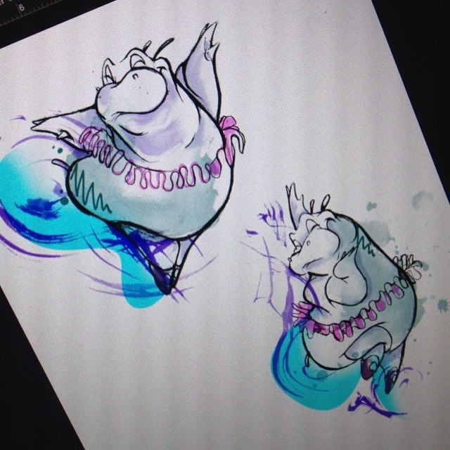 Pleased cartoon dancing female hippos tattoo design