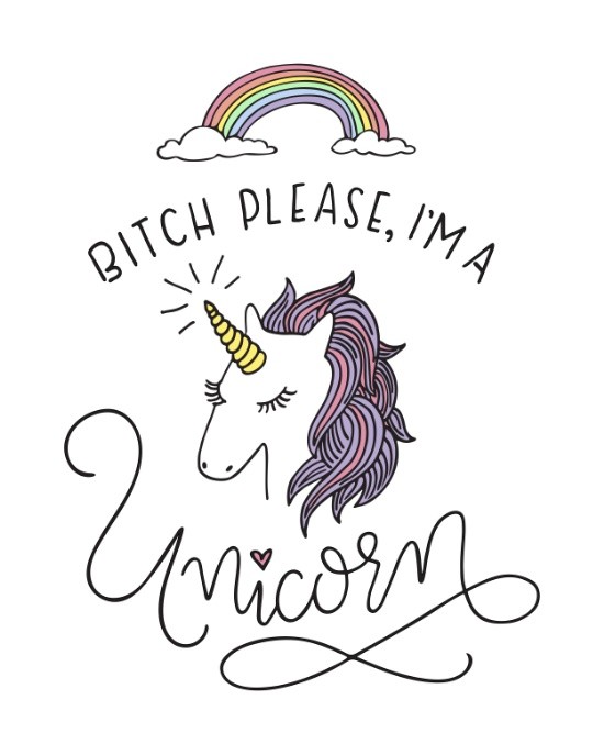 Pleased close-eyed unicorn head with small rainow and a lot of letterings tattoo design