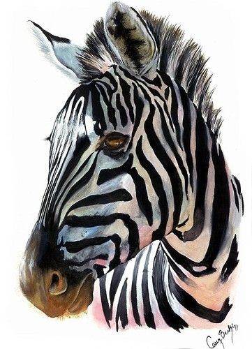 Pleased colored brown-eyed zebra portrait tattoo design