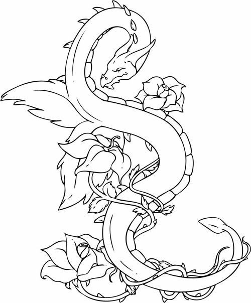 Pleased colorless dragon entwined with floral stem tattoo design