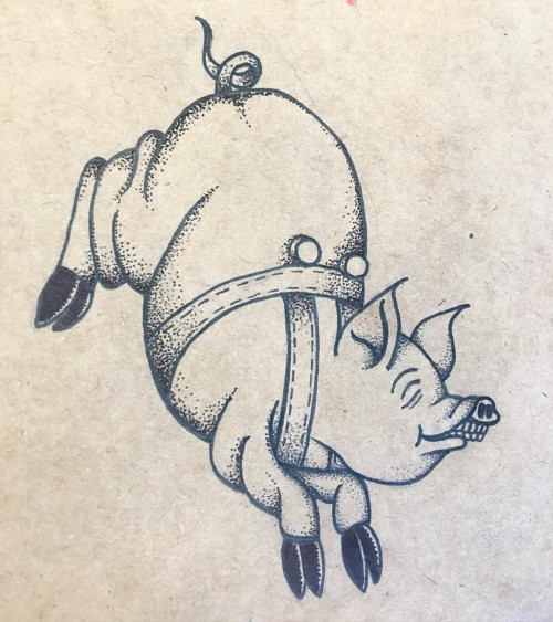 Pleased dotwork-style falling pig with braces tattoo design