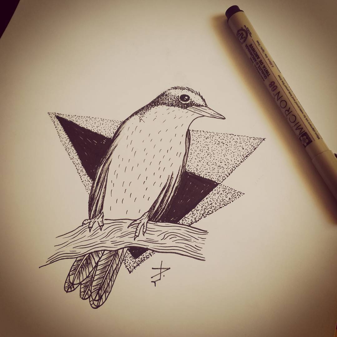 Pleased dotwork bird on triangle background tattoo design