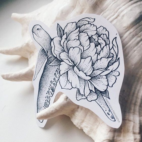 Pleased dotwork turtle with open peony bud shell tattoo design