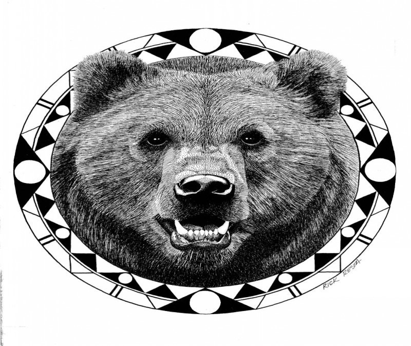 Pleased grey-ink grizzly portrait in geometric frame tattoo design