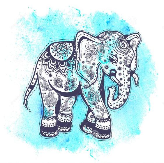 Pleased ornamented elephant on light-blue watercolor background tattoo design