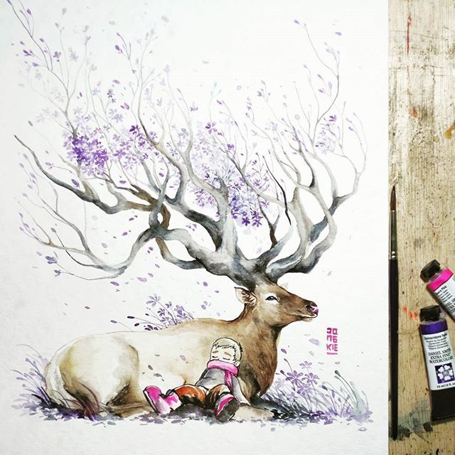 Pleased purple blosson horn deer resting with child tattoo design