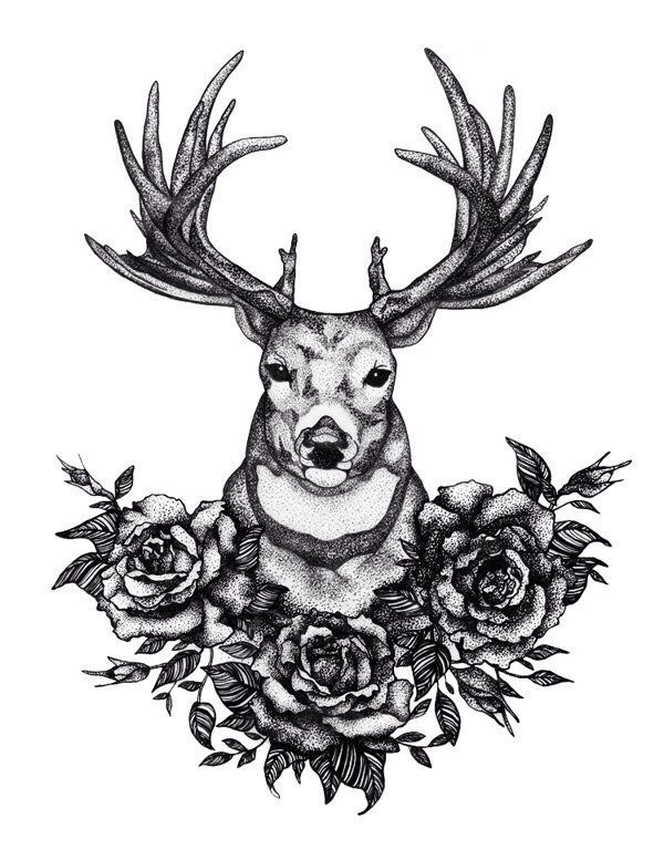 Pleased resting dotwork deer and roses tattoo design