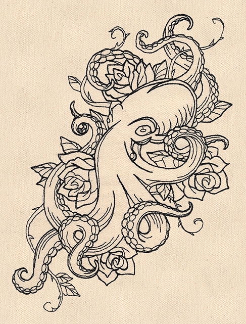 Pleased uncolored octopus surrounded with roses tattoo design