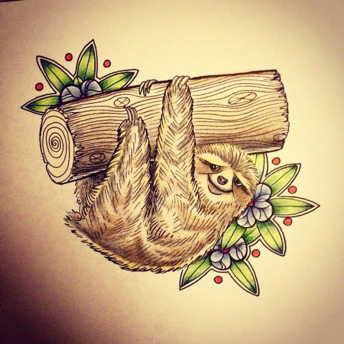 Plump sloth hanging on thick stump with flowers tattoo design